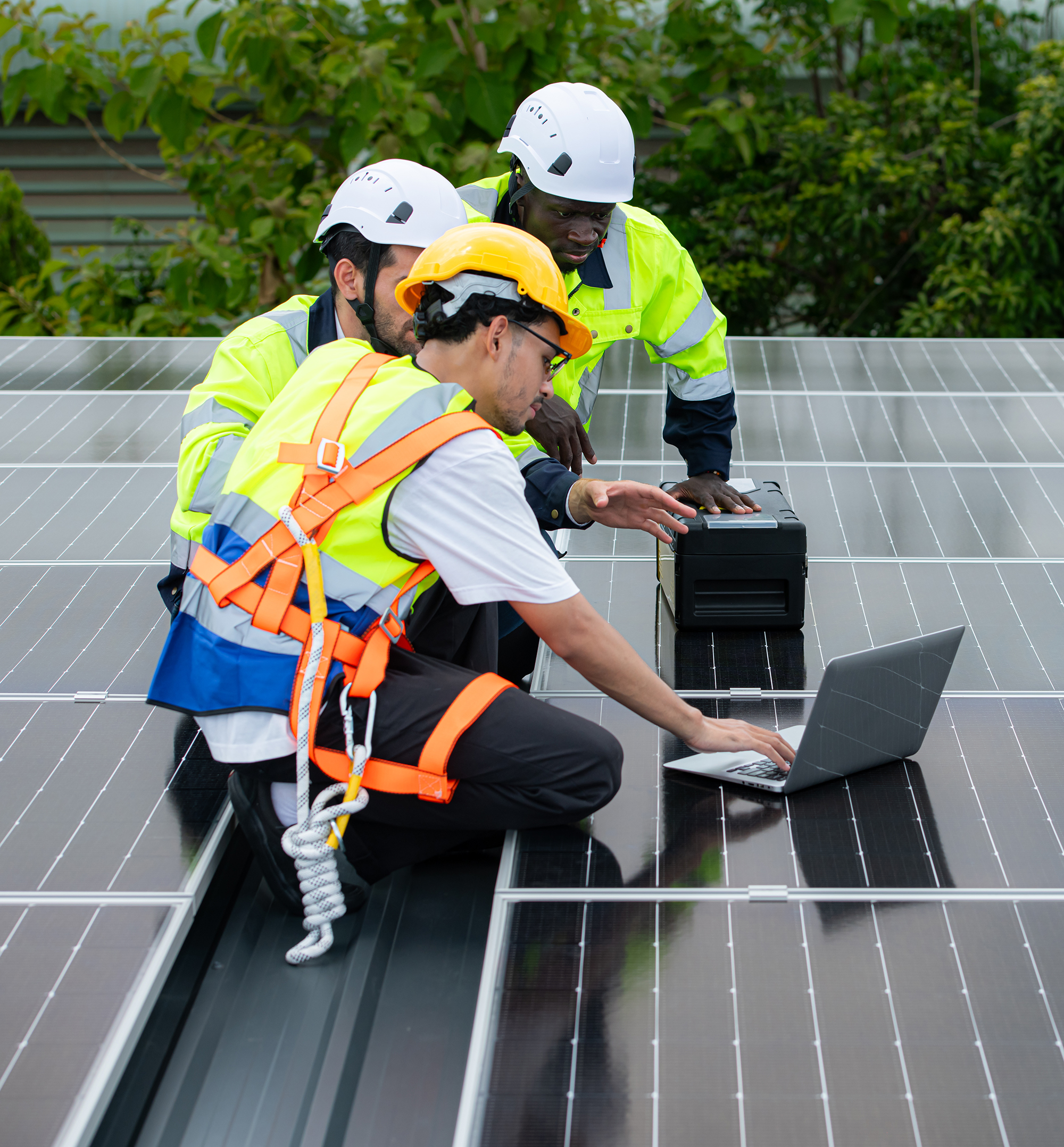 Group of engineer and technician inspects solar panel installation and test the operation of the panel